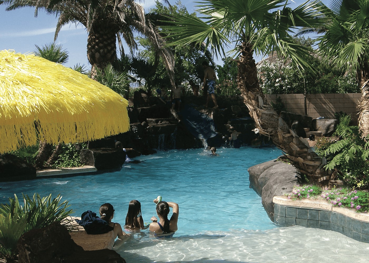 A view of an in-ground pool showcasing multiple features with a blend of hardscaping and greenery. The pool area includes various elements.