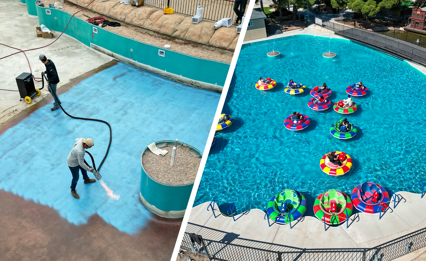 A comparison photo. Left photo: A worker applying ecoFINISH coating to a pool. The worker is seen using tools to carefully coat the pool's surface with ecoFINISH. Right photo: The finished pool with water and bumper boats floating on the surface. The ecoFINISH coating provides a smooth and durable finish to the pool.