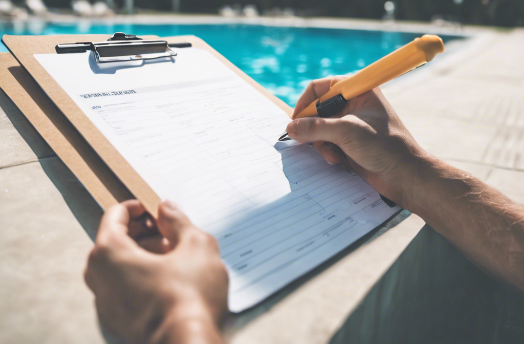 someone writing on a clipboard in front of a swimming pool