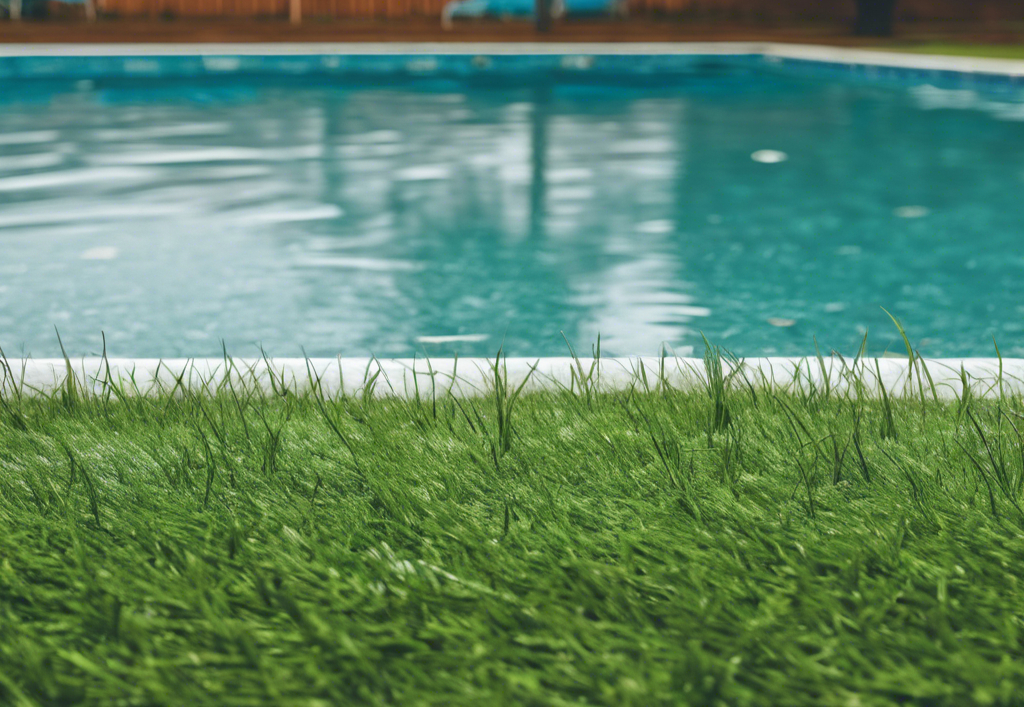 soggy grass next to a swimming pool